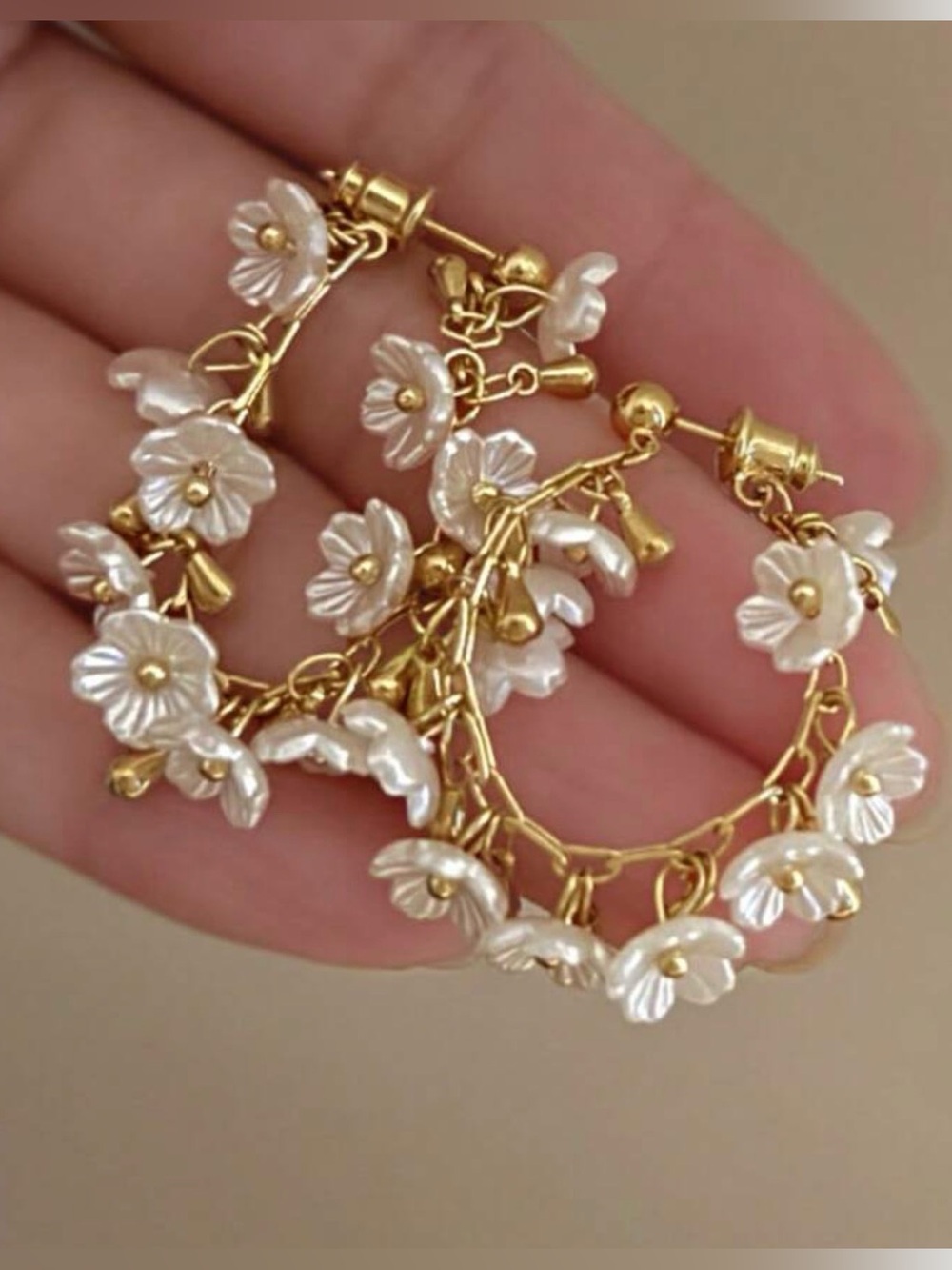 Gold pearl flower Earrings with Cream Floral Charms - Picture 5 of 5